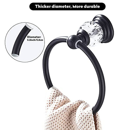 WINCASE Crystal Towel Ring, Black Hand Towel Holder, Bathroom Round Towel Hanger Racks Wall Mount Matte Black - color: Black