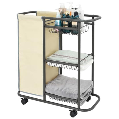Rolling Laundry Basket with Wheels and Handle,3 Storage Baskets, 45 L Bag | Heavy Duty Laundry Cart, Space Saving Laundry Room Organization - color: Beige