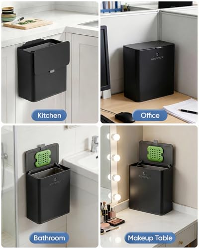 Kitchen Compost Bin, 10L/2.6G Trash Can with Lid, Slim Stainless Steel Hanging Garbage Bin for Kitchen, Bathroom, Bedroom, Office, Wall Mounted Compost Bin with Inner Bucket, Black - size: 10L-Black