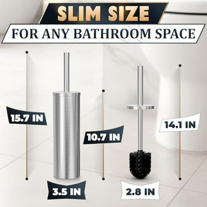 Toilet Brush and Holder Set, Stainless Steel Material (Silver) | Toilet Brush with Holder Set for Bathroom, Splash Protection & Dense Bristles for Bathroom Cleaning, Removable Inner Bowl