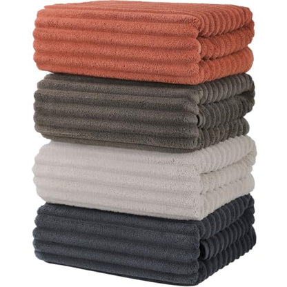 Bath Towels 4-Pack, 27.5x55 Inches - Ultra Soft and Highly Absorbent Quick Dry Microfiber Towels with Hanging Loop, Beauty Twill Stripe Design for Bath, Beach, Gym - color: Dark Grey+grey+coffee+orange