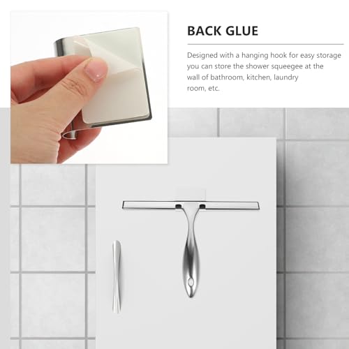 Stainless Steel Window Cleaning Squeegee with 10-inch Blade and Nail-Free Adhesive Hook, Shower Screen Scraper for Bathroom Glass Doors and Car Windows, Multi-Purpose Shower