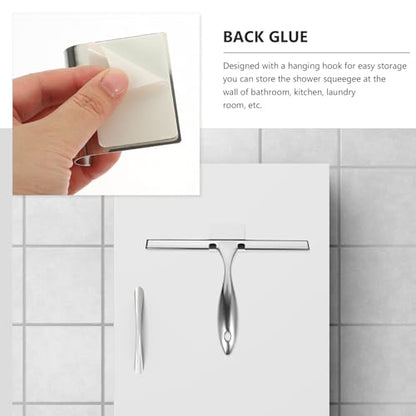 Stainless Steel Window Cleaning Squeegee with 10-inch Blade and Nail-Free Adhesive Hook, Shower Screen Scraper for Bathroom Glass Doors and Car Windows, Multi-Purpose Shower