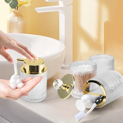 DASITON Bathroom Accessories Set,4Pcs Glass Bathroom Counter Set with Foaming Soap Dispenser,Toothbrush Holder,Bathroom Tumbler,Cotton Swab Jars, for Vanity Bathroom Decor(Clear A) - style: Clear A