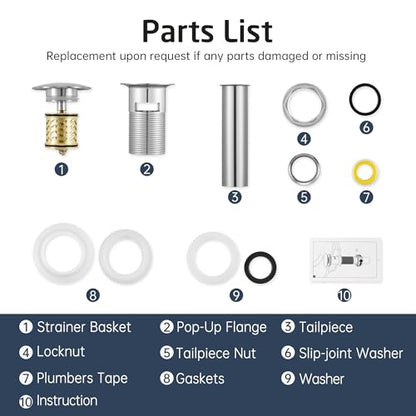 All Metal Pop Up Drain for Bathroom Sink, Bathroom Sink Drain Stopper with Basket, Vanity Sink Drain with Overflow Brushed Nickel Sink Stopper, 18/8 Stainlees & Brass, S20002A-BN - color: Brushed Nickel