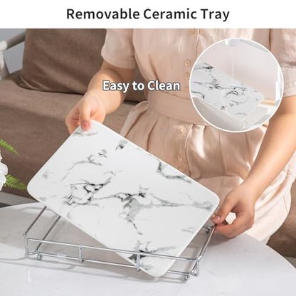 Dobbyby Vanity Tray Makeup Organizer Cosmetics Storage Bathroom Skincare Organizer Countertop Display Rack in Dresser Stainless Steel Shelf Marble Print Ceramic Trays - color: 1 Tier-sliver