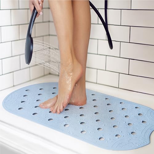 Rubber Bathtub Mat Shower Mat Non-Slip, 31x14 Inch, Bath Tub Floor Mat with Suction Cups and Drainage Holes, Light Blue - color: Light Blue, size: 31" x 14" (Oval)