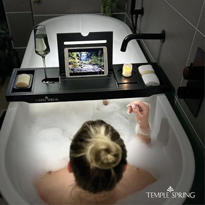 Bamboo Bathtub Tray Caddy for Tub — Expandable Wood Bath Tray with Solid Book Stand Wine Holder and Non-Slip Pads — Includes Bamboo Soap Dish and Spa Accessories — Luxury Bath Gift Set - color: Black