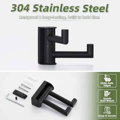 Swivel Towel Hook for Bathrooms with 2 Rotating Arms, Matte Black | Rustproof 304 Stainless Steel, Heavy Duty 11 lbs Double Wall Hook for Towel, Coat, Bag, Kitchen or Entryway, Drilling Mounted
