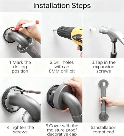 Shower Grab Bar Stainless Steel Anti-Slip Glow-in-the-Dark for Seniors | Two sizes 16/24 inch optional,330lbs load bearing,warm grip,scratch resistant,wall mounted with full install kits