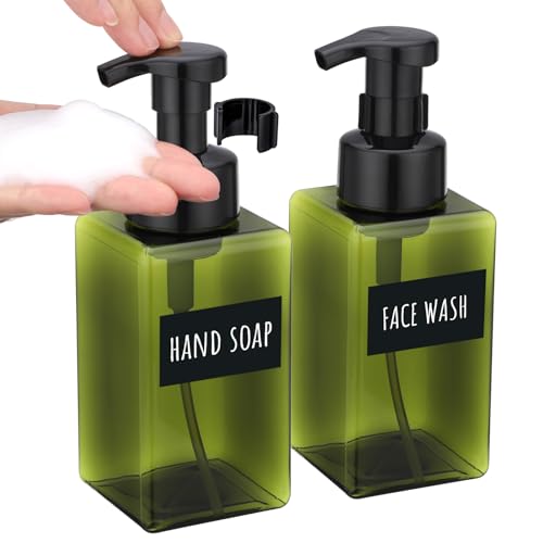 Segbeauty 15.2oz Refillable Green Foaming Soap Dispenser for Bathroom with Labels, 2pcs Empty Foam Pump Bottle for Shampoo Face Wash Container, 450ml Plastic Square Liquid Hand Soap Dispensers Kitchen - color: Green, style: 2pcs 15.2oz