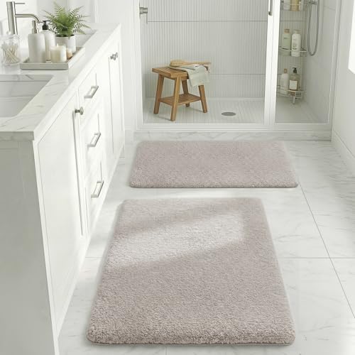 MINIDEAR Bathroom Rugs Sets 2 Piece - Thick Memory Foam Bath Mat, Ultra Soft, Plush Fluffy, Non-Slip, Quick Dry, Absorbent Washable Mat for Tub, Home Decor (24x17 & 32x20 Inch, Tan) - color: Tan, size: 1'8" x 2'8" (24x17+32x20)