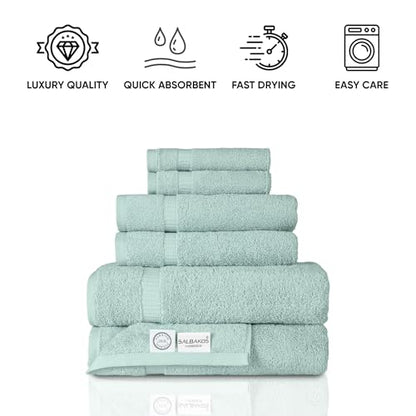 SALBAKOS 100% Turkish Cotton Bathroom Towel Set of 6-Piece, Seafoam Green | 630 Gsm Thick Super Soft Highly Absorbent 2 Bath + 2 Hand + 2 Washcloth Towels Sets, Giftable, Hotel Quality, Made in Turkey - color: Seafoam Green, size: 6 Piece Towel Set