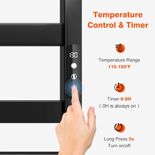 Towel Warmer, Towel Heater Rack for Bathroom, 8-bar Electric Towel Dryer Wall-Mounted Plug-in Bath Heater, 201 Stainless Steel Hot Towel Rack with Timer and Smart Temperature Control - color: Black