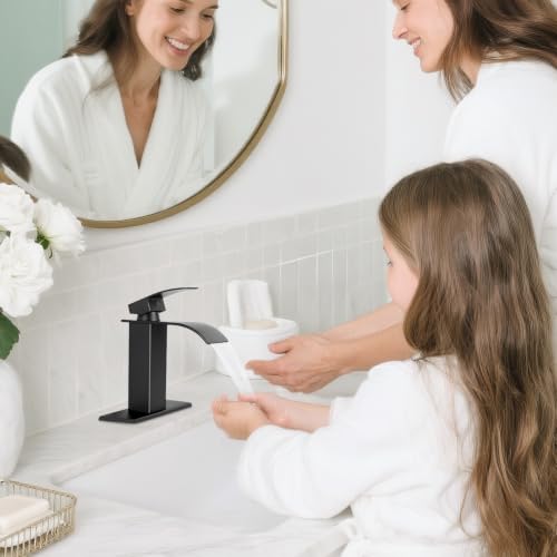 Matte Black Bathroom Faucets, Waterfall Bathroom Sink Faucet | Single Handle, Stainless Steel, Vanity Faucet with Deck Plate, Pop-up Drain, For 1 or 3 Hole, RV, Farmhouse - color: A-Black