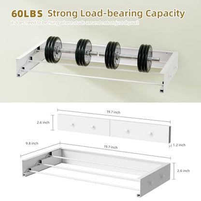 Wall Mounted Drying Rack for Laundry 19.8'', Folding Drying Rack Clothing Wall Mount with 3 Rods and 4 Hooks, Space Saving for Indoor Outdoor Bathroom Balcony (White, 19.8'') - size: 19.8''【4 Hooks】