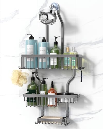 Never Rust Shower Caddy Hanging, Aluminum Shower Racks for Inside Shower, 3-Tier Shower Organizer Hanging Over Shower Head with Hooks and Soap Holder, Grey - color: Grey