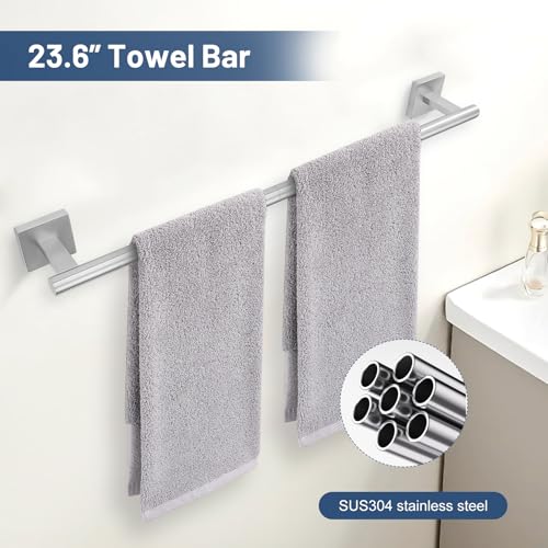 TURS 5-Pieces Brushed Nickel Bathroom Hardware Set 23.6 Inch SUS304 Stainless Steel Towel Bar Set Wall Mounted Bathroom Accessories Set - color: Brushed Nickel, size: 5-Pieces Set-B