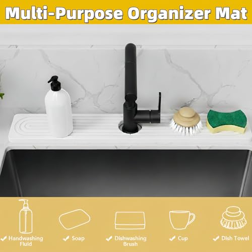Faucet Mat for Kitchen Sink,Fast-Drying Diatomite Absorbent Splash Guard Tray for Kitchen & Bathroom Sink Counter, Anti-Slip Waterproof Protector(White,23.6"x3.9")