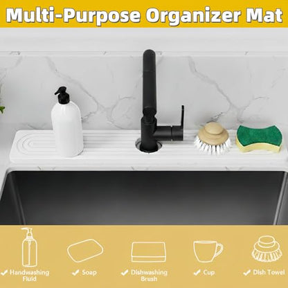 Faucet Mat for Kitchen Sink,Fast-Drying Diatomite Absorbent Splash Guard Tray for Kitchen & Bathroom Sink Counter, Anti-Slip Waterproof Protector(White,23.6"x3.9")