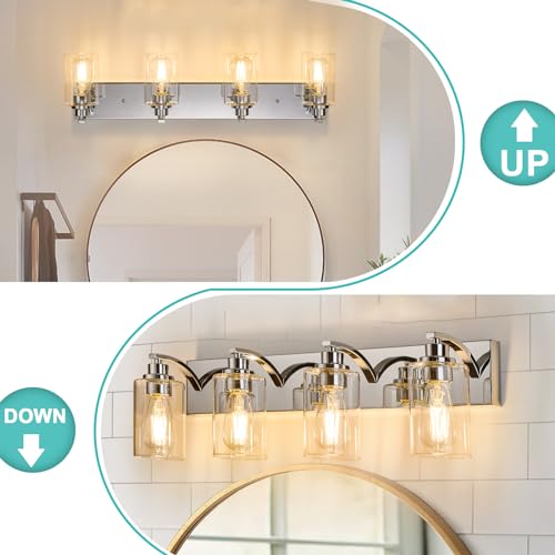 4-Light Bathroom Light Fixtures Modern Chrome Vanity Lights | Easy to Install Clear Glass Shades, Wall Mount Up or Down, E26 Socket, Hardwired, 127V - color: Chrome, size: 4 Lights