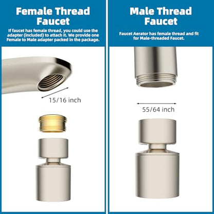 Hibbent NSF/ANSI/CAN 61 & cUPC Certified Faucet Aerator, Brushed Nickel | 360° Twist Kitchen Sink Aerator, Dual-function Sink Sprayer Attachment, Faucet Replacement Part 55/64'' Female Thread - color: Brushed Nickel, style: Classic 360 Degree Faucet Aerat