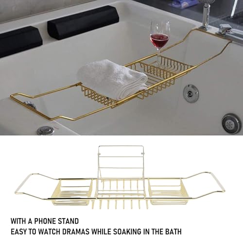 Yctze Stainless Steel Bathtub Tray, Adjustable Shower Tub Caddy with Extendable Sides & Removable Book Holder for Bathroom Accessories (Gold) - color: Gold
