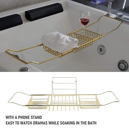 Yctze Stainless Steel Bathtub Tray, Adjustable Shower Tub Caddy with Extendable Sides & Removable Book Holder for Bathroom Accessories (Gold) - color: Gold