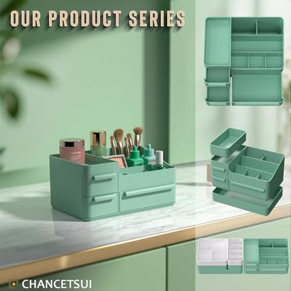 Green Makeup Organizer Countertop for Vanity: Bathroom Counter Storage | Multi Compartment Skincare Box with Drawer for Desktop Dresser Table