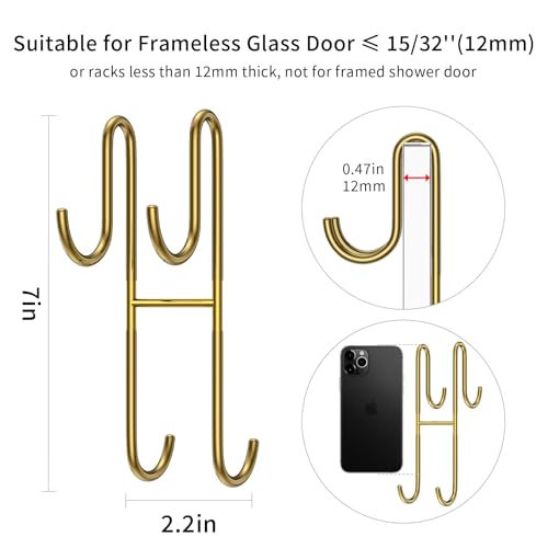 Over Shower Glass Door Hook, 2 Pack Gold Stainless Steel Extended Shower Door Hooks, Bathroom Frameless Drilling-Free Hanger, Double Side Towel Hooks - color: Gold