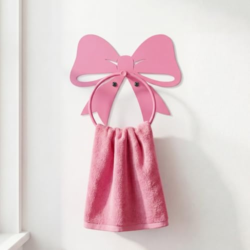 Pelopy Pink Bow Towel Holder for Bathroom Coquette Metal Towel Ring Hanger Wall Mounted Pink Bow Bathroom Decor Heavy Duty for Women Girls Kitchen Home Decor Gift - style: Pink Bow