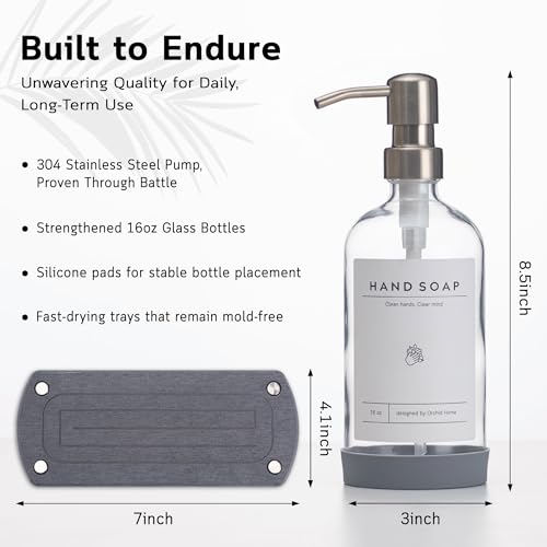 [Luxury] Kitchen Soap Dispenser Set - 16OZ Clear Glass Bottle, Stainless Steel Pump, Instant Dry Tray, Waterproof Labels, Non-Slip Silicone Pad, and Dish Brush | Upgrade for Your Kitchen and Bathroom - color: Transparent Bottle + Silver Pump