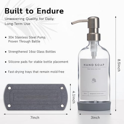 [Luxury] Kitchen Soap Dispenser Set - 16OZ Clear Glass Bottle, Stainless Steel Pump, Instant Dry Tray, Waterproof Labels, Non-Slip Silicone Pad, and Dish Brush | Upgrade for Your Kitchen and Bathroom - color: Transparent Bottle + Silver Pump