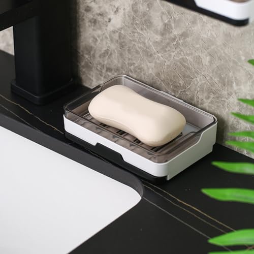 2 pcs Self Adhesive Soap Dish with Drawer-Type Drip Tray and 2 No-Trace Adhesive Pad, Wall Mounted Soap Holder Shower Sink Bar Soap Sponge Holder Tray Rack(White)