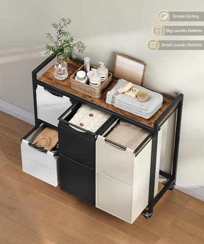 HOOBRO Laundry Sorter with 4 Section, 39 Gal. (147 L) Laundry Hamper with Wheels, Rolling Laundry Basket with Shelf, Pull-Out Detachable Bags, Side Pockets, Rustic Brown, Black and Beige BFE14XY01N1 - color: Rustic Brown + Black + Beige + Gray