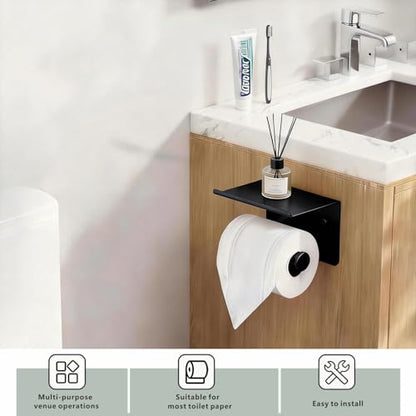 Toilet Paper Holder with Shelf, Heavy-Duty Stainless Steel Bathroom Hardware, Self-Adhesive No-Drill/Drill-Mount Wall-Mounted Roll Holder, Rust-Proof Bathroom Tissue Rack (Black) - color: Black