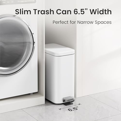 Cesun 2.6 Gallons Small Bathroom Trash Can with Lid Soft Close, White | Removable Inner Bucket, Small Stainless Steel Garbage Can for Bedroom/Office, Hands-Free Step Pedal, Fingerprint-Resistant - color: White