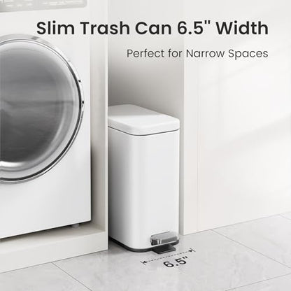Cesun 2.6 Gallons Small Bathroom Trash Can with Lid Soft Close, White | Removable Inner Bucket, Small Stainless Steel Garbage Can for Bedroom/Office, Hands-Free Step Pedal, Fingerprint-Resistant - color: White