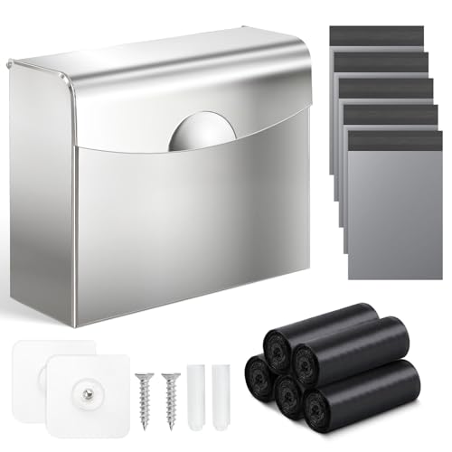 Sanitary Napkin Disposal Receptacle,9.4x7.8x3.5 inch Stainless Steel Wall Mounted Feminine Hygiene Waste bin with Disposable Sanitary Bags and Trash Bag Set for Bathroom,Office(Silver) - color: Silver