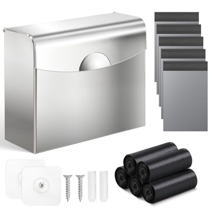 Sanitary Napkin Disposal Receptacle,9.4x7.8x3.5 inch Stainless Steel Wall Mounted Feminine Hygiene Waste bin with Disposable Sanitary Bags and Trash Bag Set for Bathroom,Office(Silver) - color: Silver