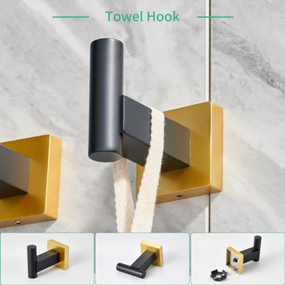 Miyili 4-Piece Bathroom Hardware Kit Set Stainless Steel Wall Mount - Includes Double Towel Bar, Hand Towel Rack, Toilet Paper Holder, Robe Hook, Black & Gold, BS02BG4 - color: Black & Gold