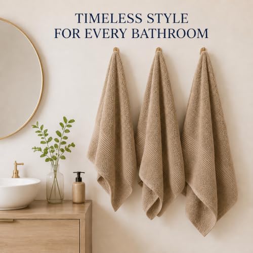 Towel Set for Bathroom, 3 Piece Turkish Cotton Bath Hand and Wash Towels | Mixed size set in Taupe Quartz, 600 gram weight. Double stitched hems suit family and guest use. - color: Taupe Quartz