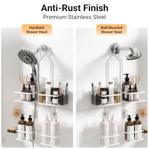 Adjustable Shower Caddy Hanging Rustproof Shower Caddy for Handheld Showerheads, Shower Organizer with Hooks Soap Holder, Anti-Swing Shower Rack Bathroom Accessories (White) - color: White