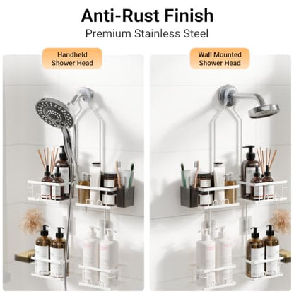 Adjustable Shower Caddy Hanging Rustproof Shower Caddy for Handheld Showerheads, Shower Organizer with Hooks Soap Holder, Anti-Swing Shower Rack Bathroom Accessories (White) - color: White