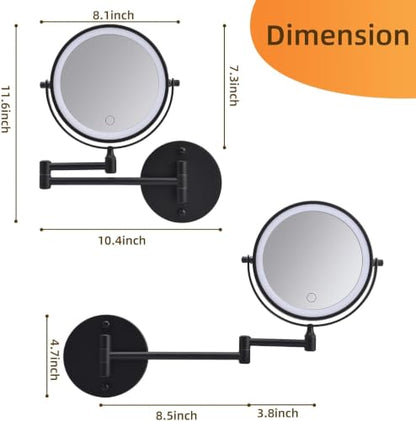 Wall Mounted Makeup Mirror with Lights, 8" Rechargeable 1X/10X Magnifying Mirror, 360° Swivel Extendable Arm, 3 Color LED (1, Black) - color: Black