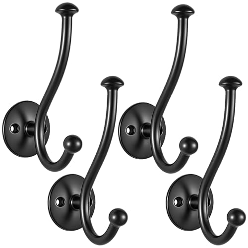 4-Pack Heavy Duty Wall Hooks, Matte Black Double Coat Hooks Wall Mounted, Rustproof Metal Towel & Robe Hook Hardware with Screws for Bathroom, Entryway, Hanging Coats, Hats, Bags, Keys - color: 4 pack-Black