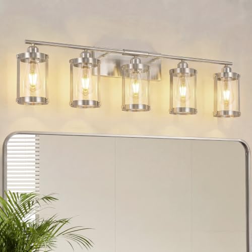 5-Light Brushed Nickel Bathroom Light Fixtures Over Mirror with Clear Glass and Metal Cage Shade, 38" UL-Listed Modern Farmhouse Wall Sconce for Bath, Hardwire E26, OS-3014BN-5W - color: Nickel + Clear Glass, size: 5-Light, 38.5" L