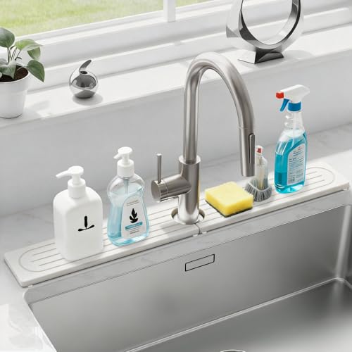 Drying Stone Faucet Mat for Kitchen Sink, Trays Diatomite Quick Dry Around Faucet Mats, 30 Inch Long Kitchen Sink Splash Guard Behind Faucet, Prevent Moisture on Kitchen Bathroom Counter - color: Milky white, size: 30" x 4"