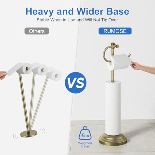 RUMOSE Toilet Paper Holder Stand for Floor Free Standing, Antique Brass | Bathroom Freestanding Toilet Tissue Roll Holder with Storage, Adjustable 17-25 Inch, Rustproof, SUS304 Stainless Steel - color: Antique Brass