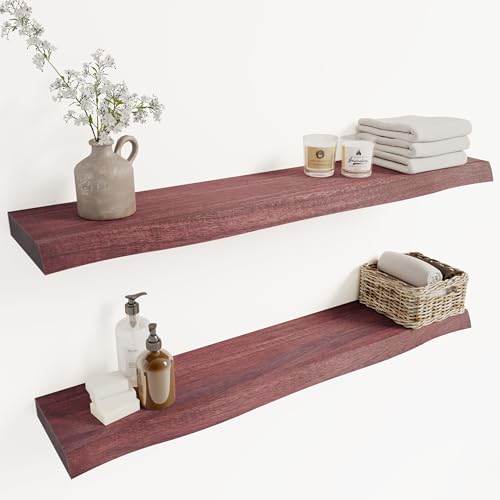 Howizz 36'' Live Edge Floating Shelves for Wall, Acacia Wood Wall Mounted Shelves with Invisible Brackets, Rustic Wooden Shelf Set of 2 for Living Room, Bedroom, Bathroom, Kitchen Decor, Cherry - color: 4. Live Edge - Cherry, size: 36"
